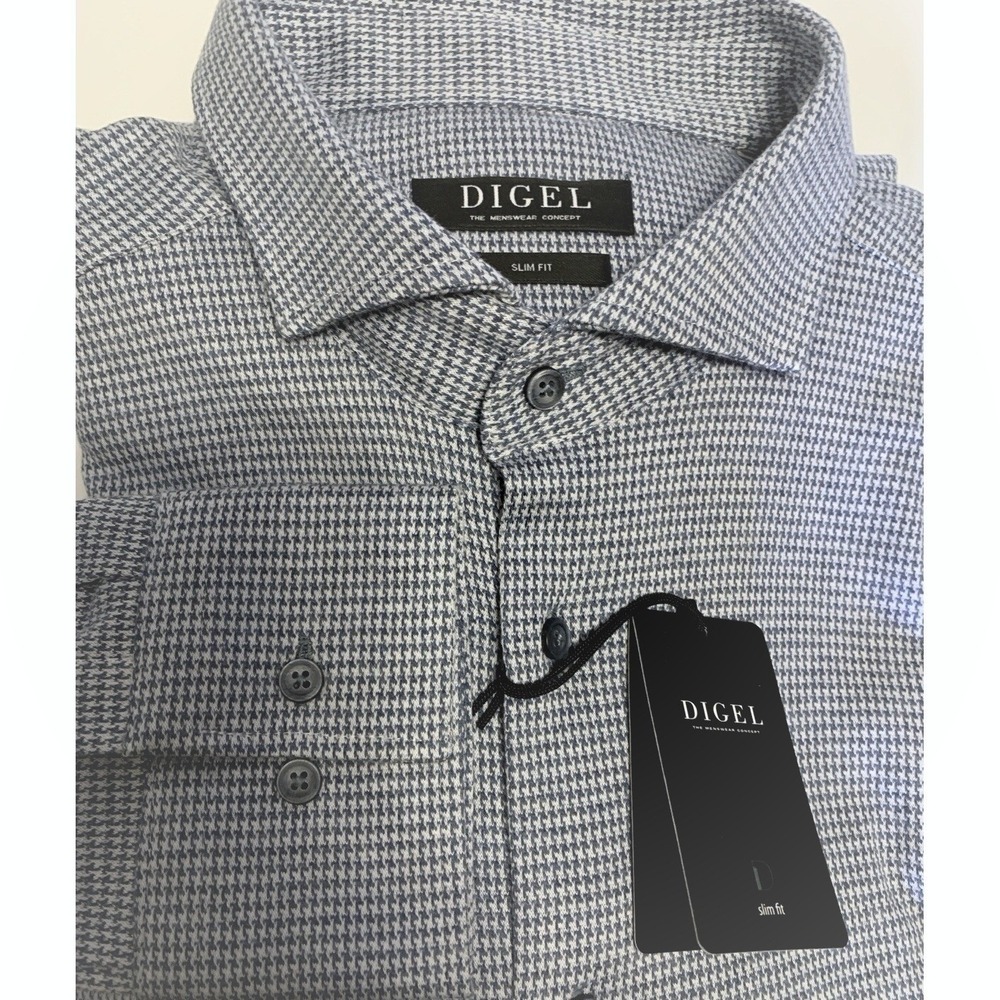 DIGEL Long Sleeve Button Up Shirt Mens 42L Blue Houndstooth Baumwolla Cotton NWT